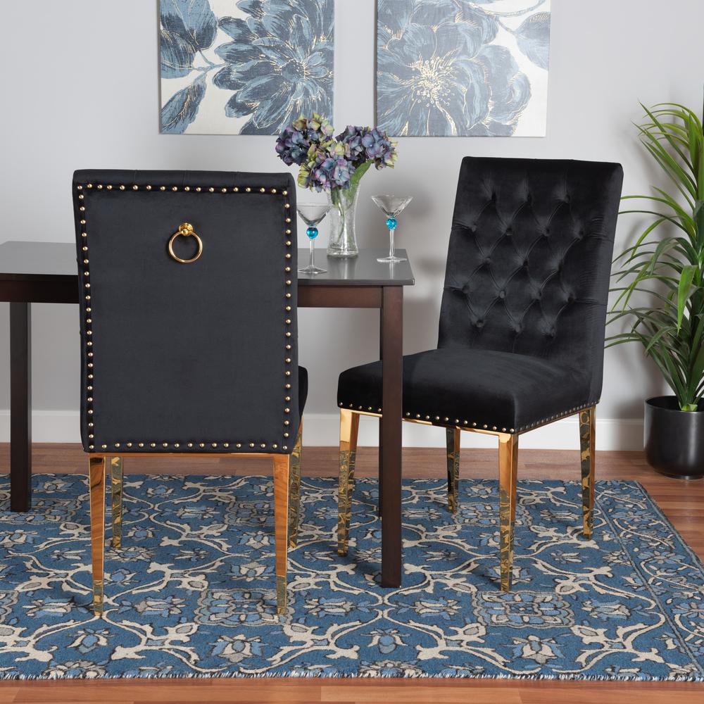 Glam and Luxe Black Velvet Fabric and Gold Metal 2-Piece Dining Chair Set. Picture 18
