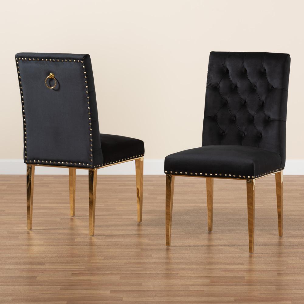 Glam and Luxe Black Velvet Fabric and Gold Metal 2-Piece Dining Chair Set. Picture 19