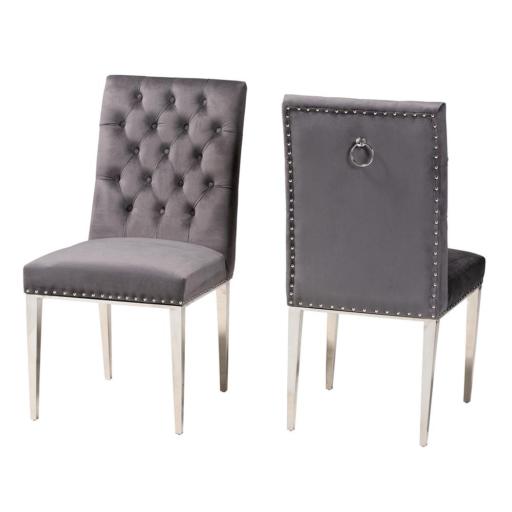 Glam and Luxe Grey Velvet Fabric and Silver Metal 2-Piece Dining Chair Set. Picture 11