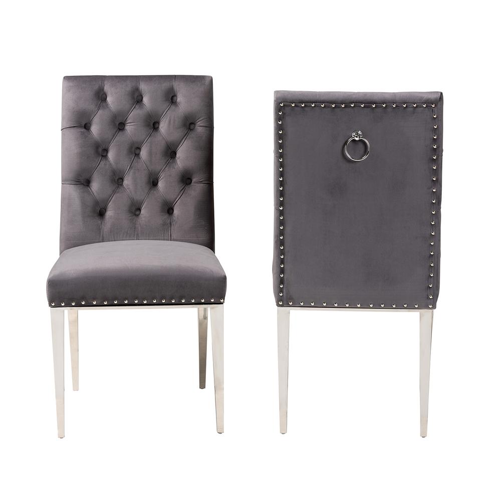 Glam and Luxe Grey Velvet Fabric and Silver Metal 2-Piece Dining Chair Set. Picture 12