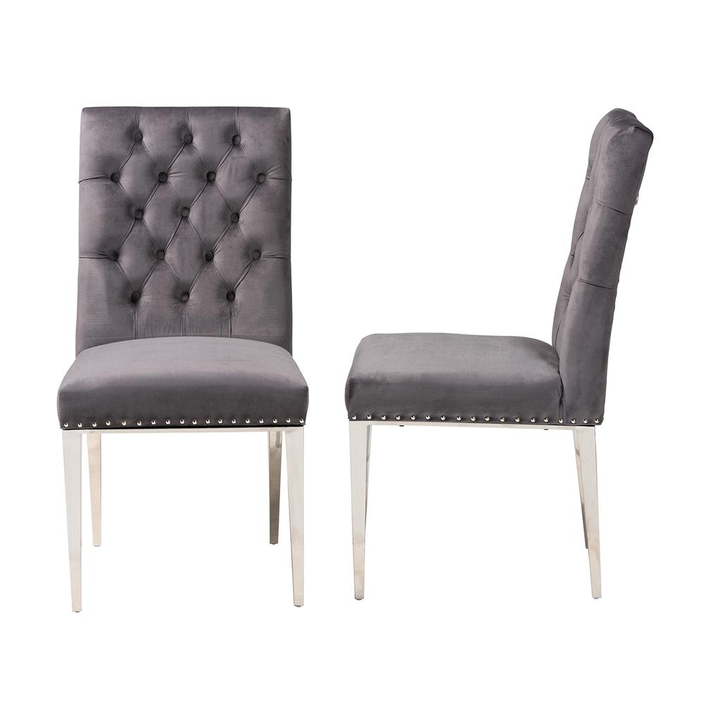 Glam and Luxe Grey Velvet Fabric and Silver Metal 2-Piece Dining Chair Set. Picture 13