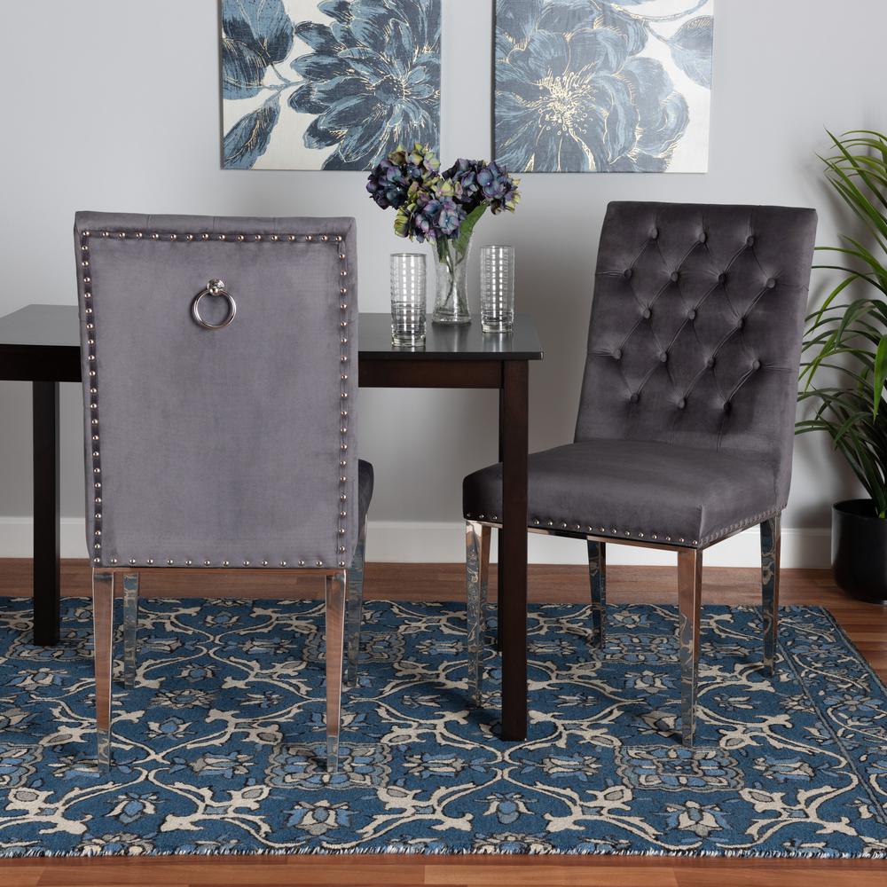 Glam and Luxe Grey Velvet Fabric and Silver Metal 2-Piece Dining Chair Set. Picture 18
