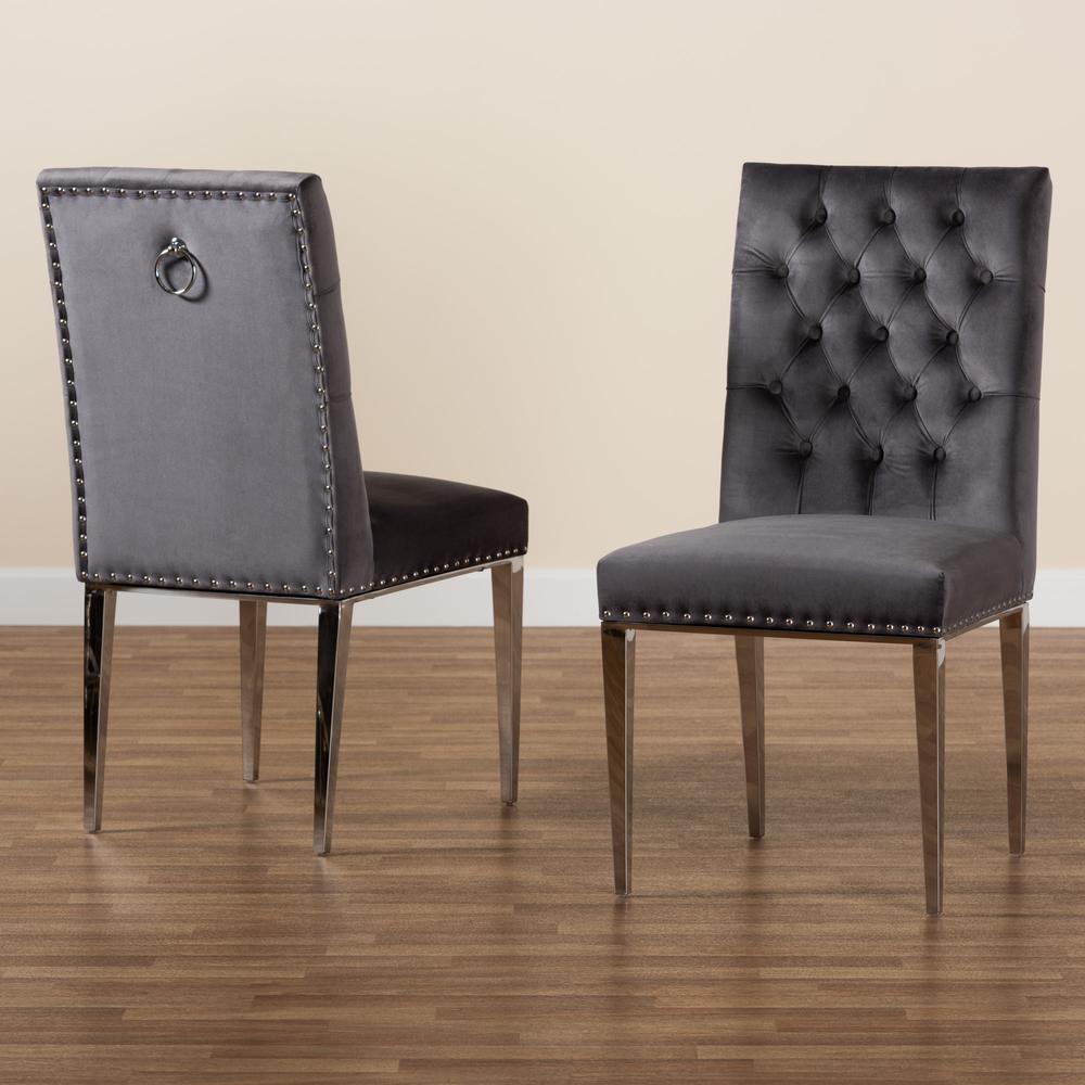 Glam and Luxe Grey Velvet Fabric and Silver Metal 2-Piece Dining Chair Set. Picture 19