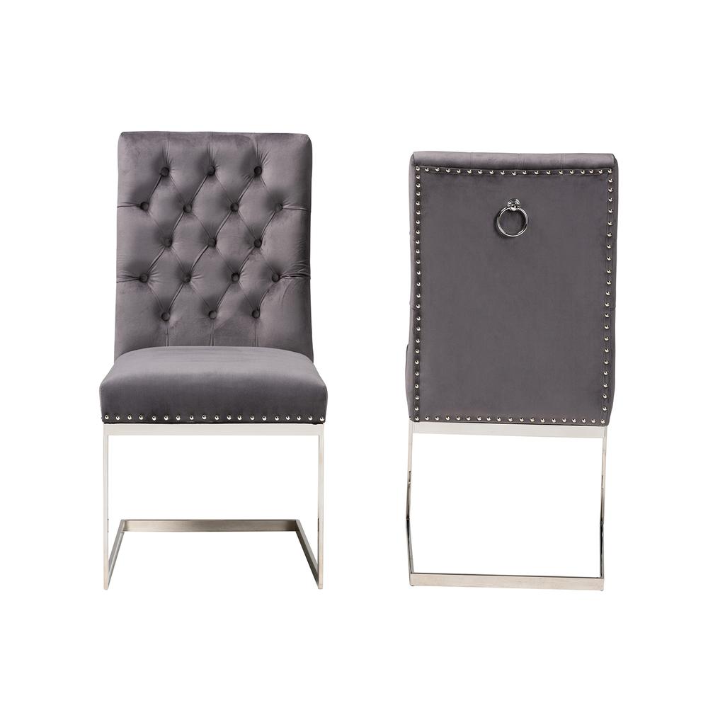 Glam and Luxe Grey Velvet Fabric and Silver Metal 2-Piece Dining Chair Set. Picture 12