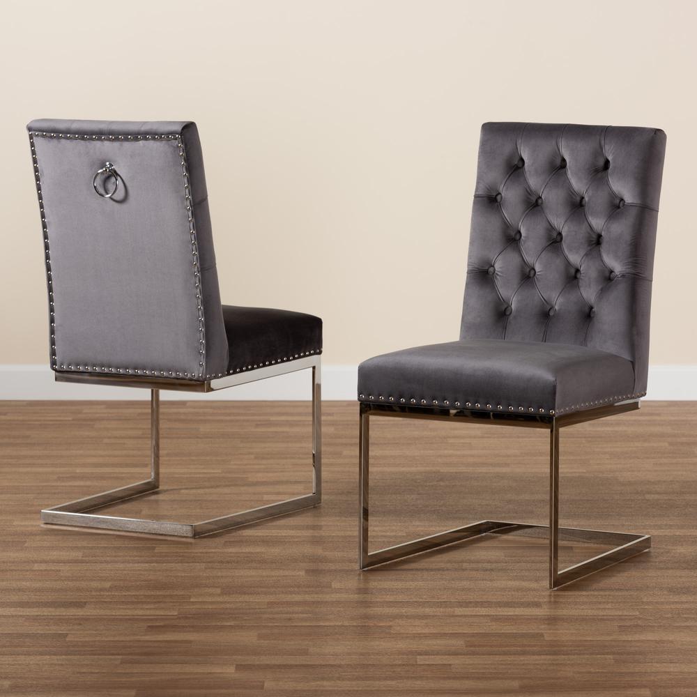 Glam and Luxe Grey Velvet Fabric and Silver Metal 2-Piece Dining Chair Set. Picture 19