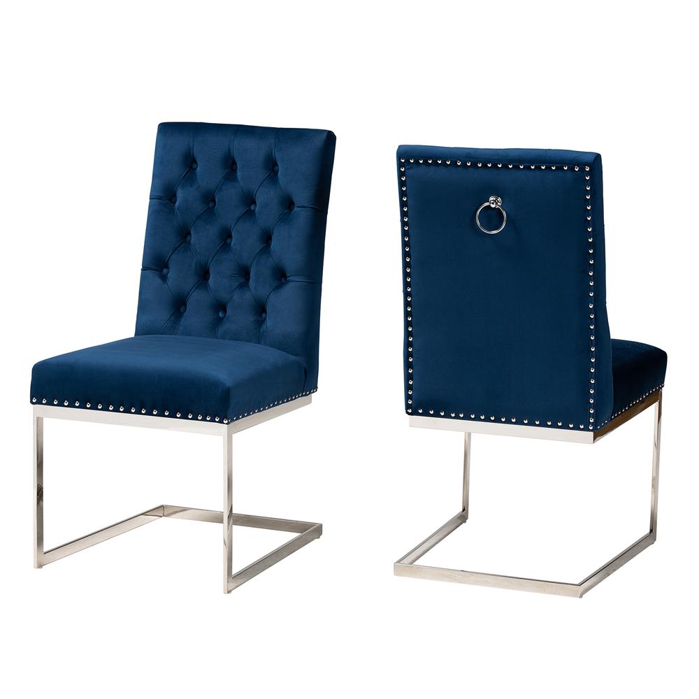 Glam and Luxe Navy Blue Velvet Fabric and Silver Metal 2-Piece Dining Chair Set. Picture 11