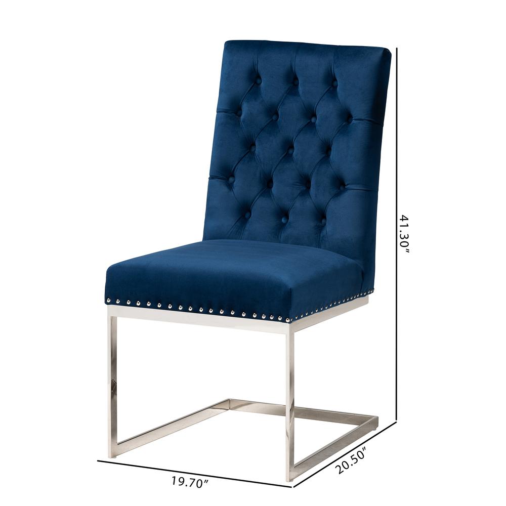 Glam and Luxe Navy Blue Velvet Fabric and Silver Metal 2-Piece Dining Chair Set. Picture 20