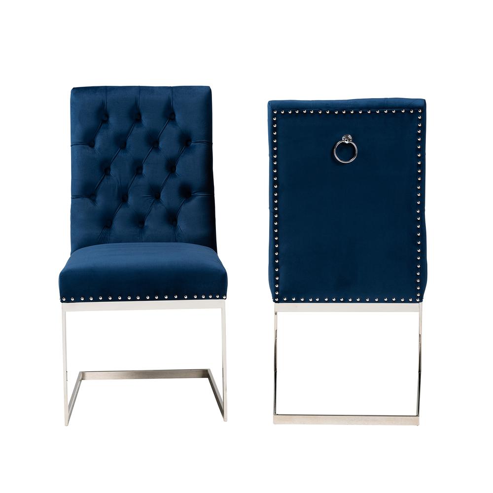 Glam and Luxe Navy Blue Velvet Fabric and Silver Metal 2-Piece Dining Chair Set. Picture 12