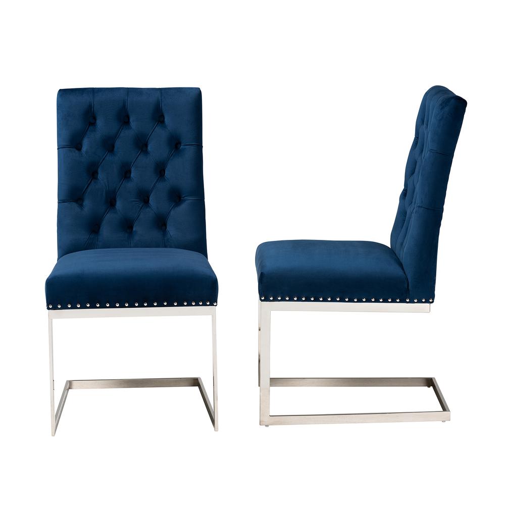Glam and Luxe Navy Blue Velvet Fabric and Silver Metal 2-Piece Dining Chair Set. Picture 13