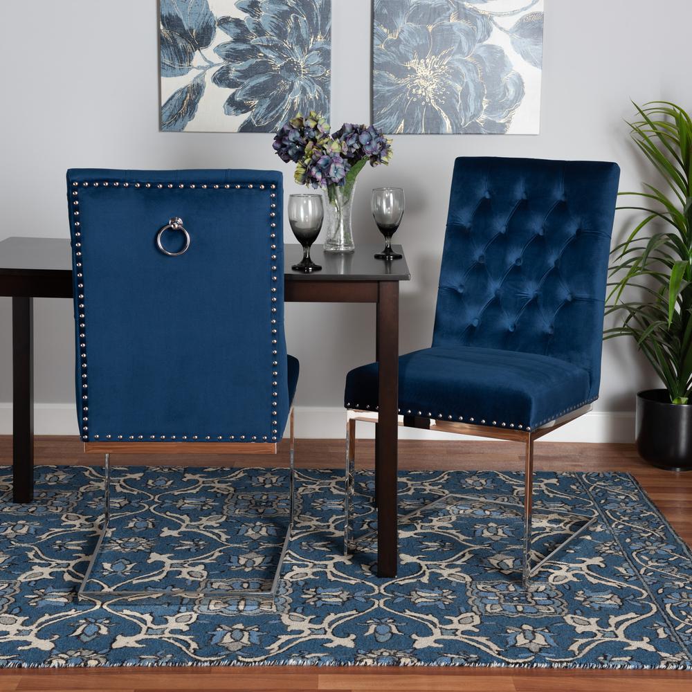 Glam and Luxe Navy Blue Velvet Fabric and Silver Metal 2-Piece Dining Chair Set. Picture 18