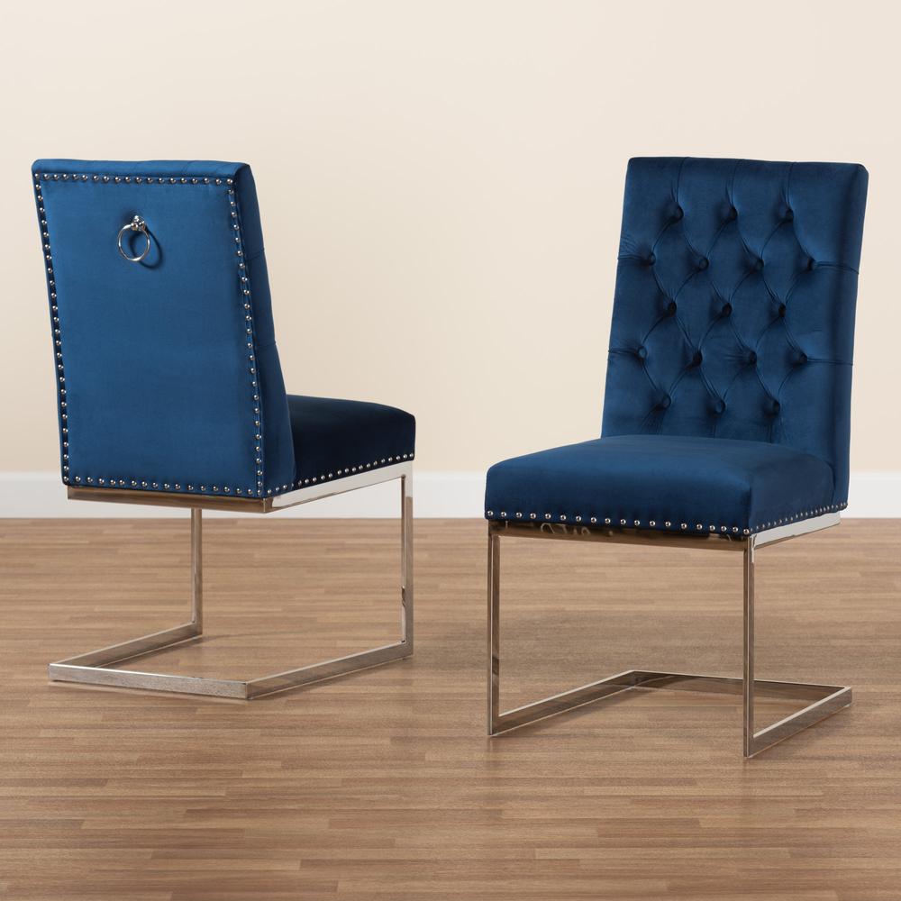 Glam and Luxe Navy Blue Velvet Fabric and Silver Metal 2-Piece Dining Chair Set. Picture 19