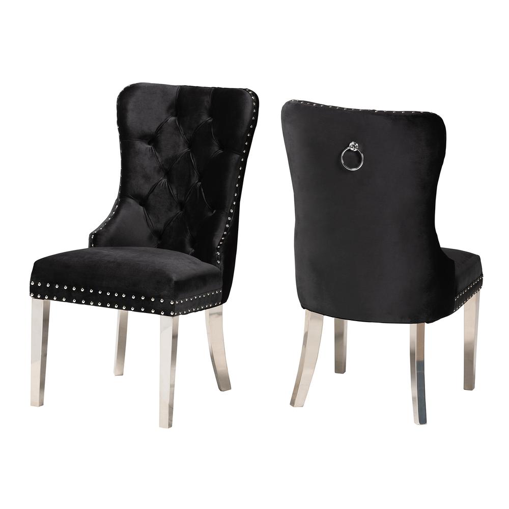 Glam and Luxe Black Velvet Fabric and Silver Metal 2-Piece Dining Chair Set. Picture 11