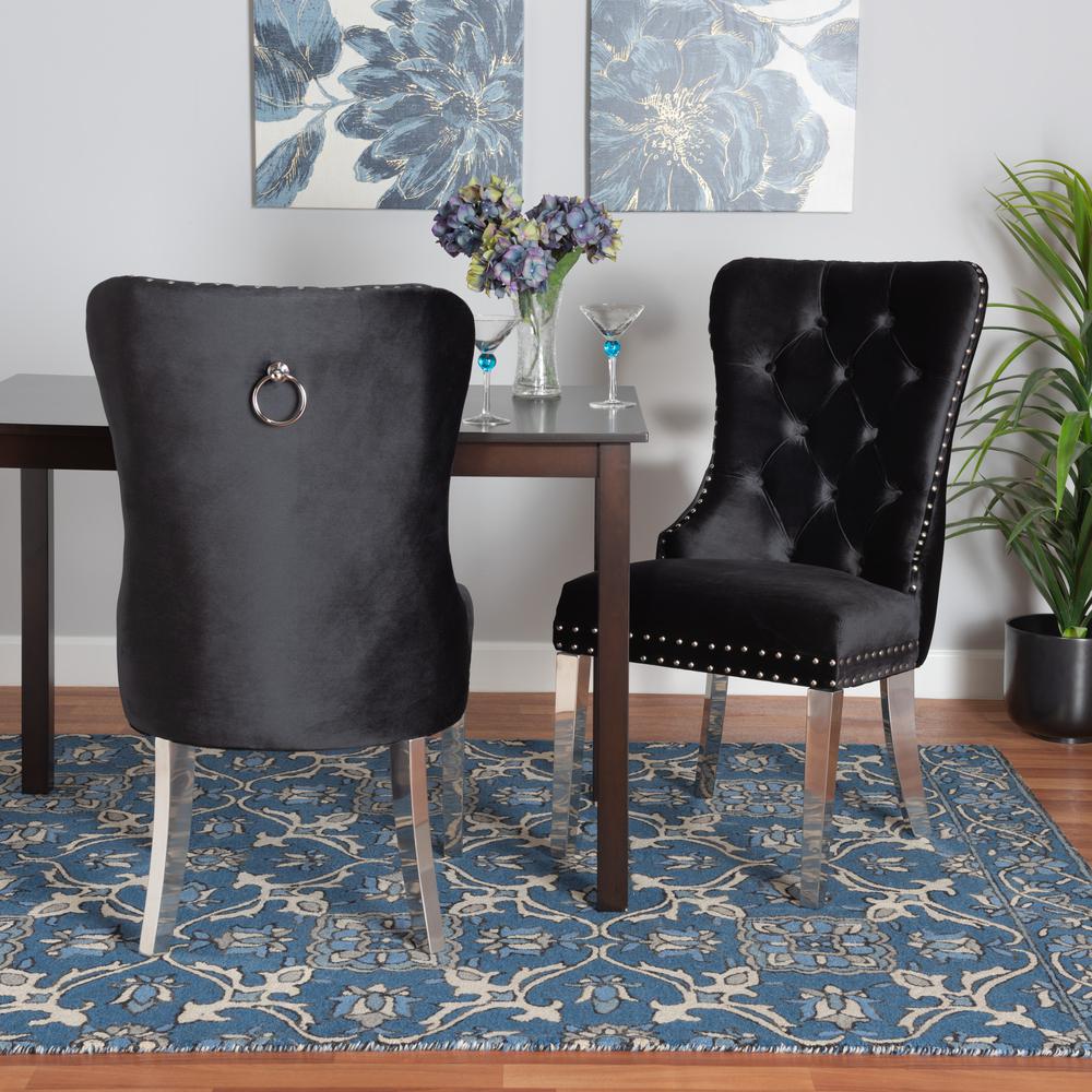 Glam and Luxe Black Velvet Fabric and Silver Metal 2-Piece Dining Chair Set. Picture 18