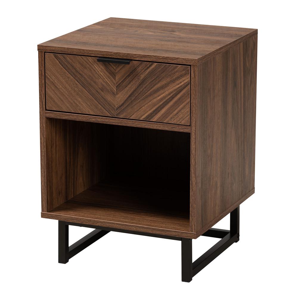 Sadia Modern Walnut Brown Finished Wood and Black Metal 1-Drawer End Table. Picture 11