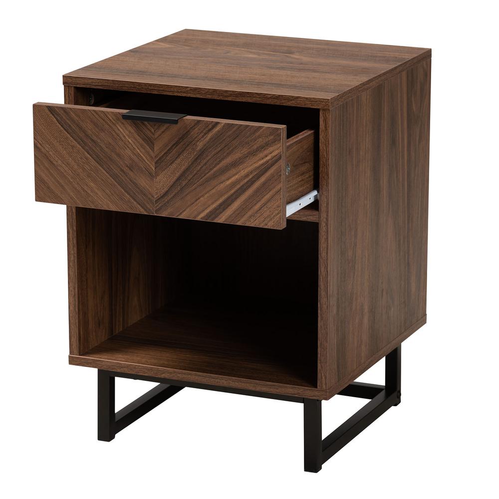 Sadia Modern Walnut Brown Finished Wood and Black Metal 1-Drawer End Table. Picture 12