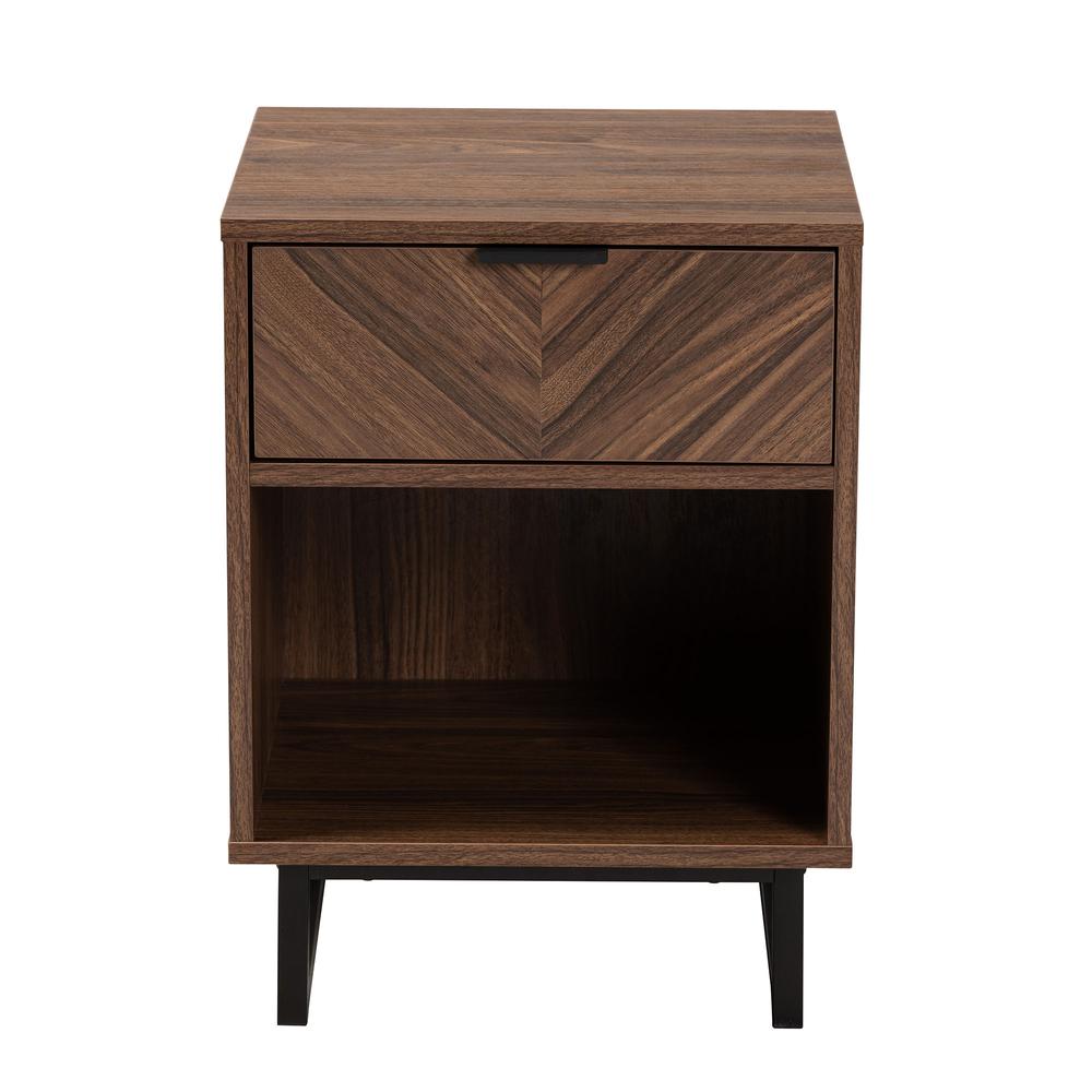 Sadia Modern Walnut Brown Finished Wood and Black Metal 1-Drawer End Table. Picture 13