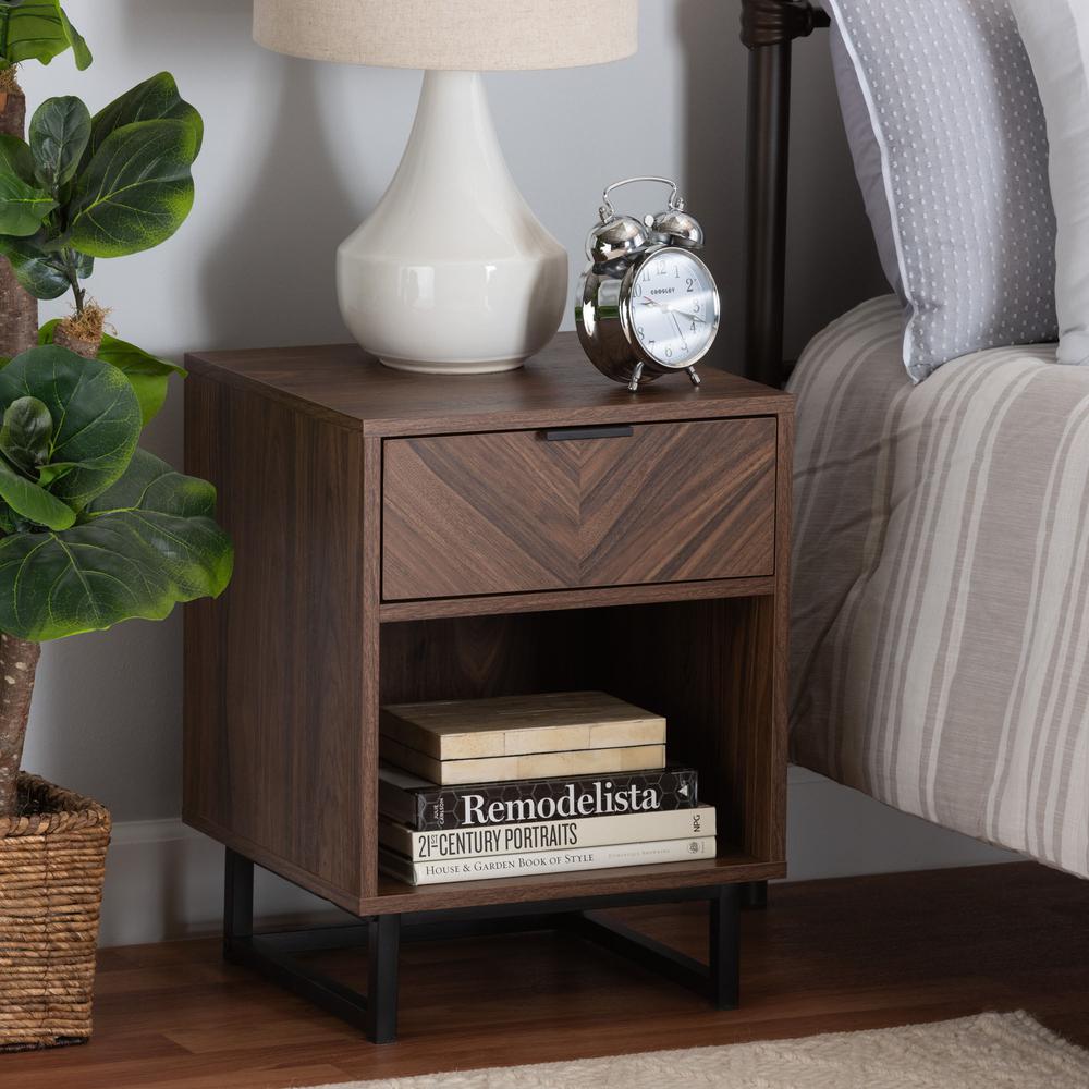 Sadia Modern Walnut Brown Finished Wood and Black Metal 1-Drawer End Table. Picture 18