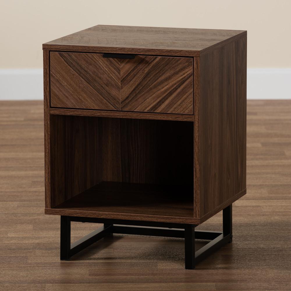 Sadia Modern Walnut Brown Finished Wood and Black Metal 1-Drawer End Table. Picture 19