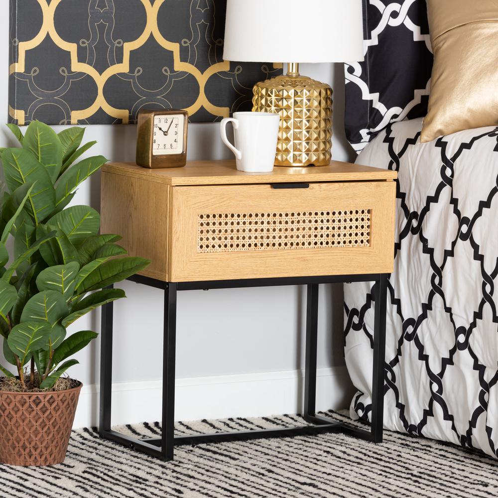 Black Metal 1-Drawer End Table with Natural Rattan. Picture 18