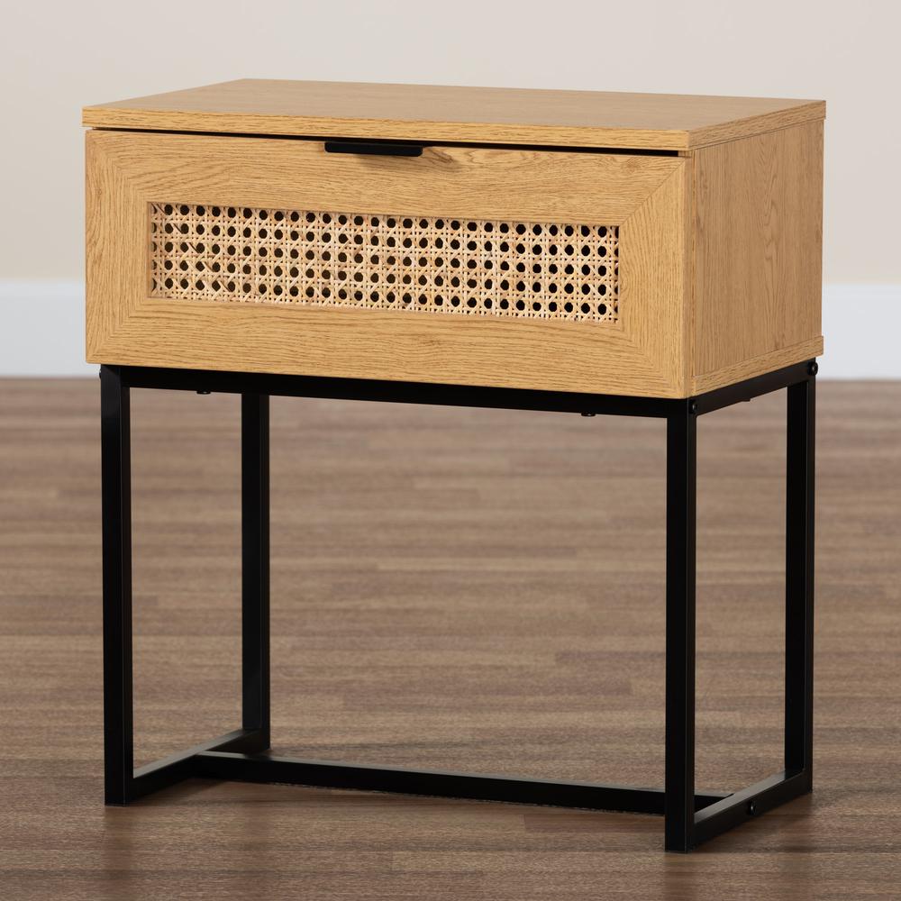 Black Metal 1-Drawer End Table with Natural Rattan. Picture 19