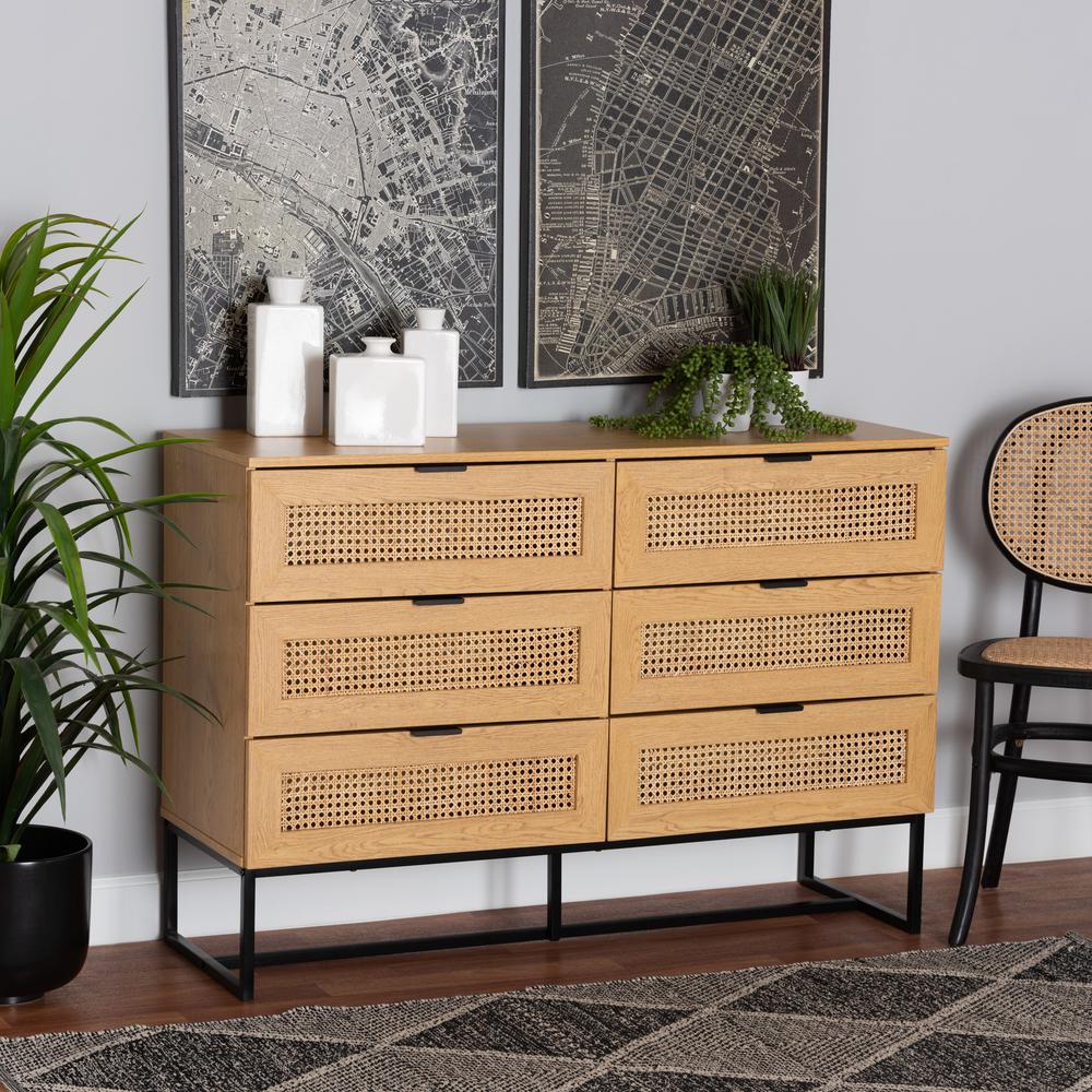 Black Metal 6-Drawer Storage Cabinet with Natural Rattan. Picture 18