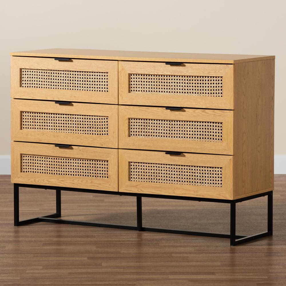 Black Metal 6-Drawer Storage Cabinet with Natural Rattan. Picture 19