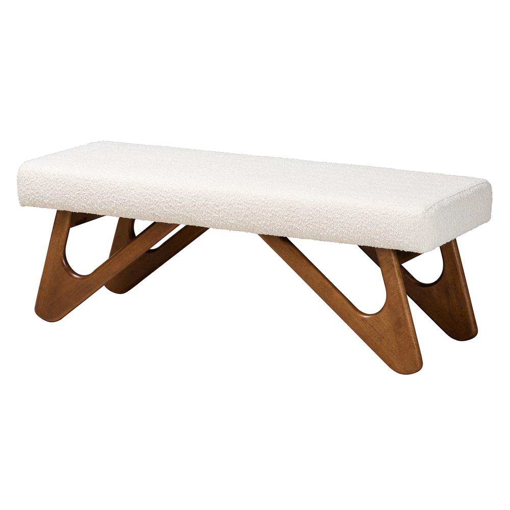 Rika Japandi Cream Boucle Fabric and Walnut Brown Finished Wood Bench. Picture 9