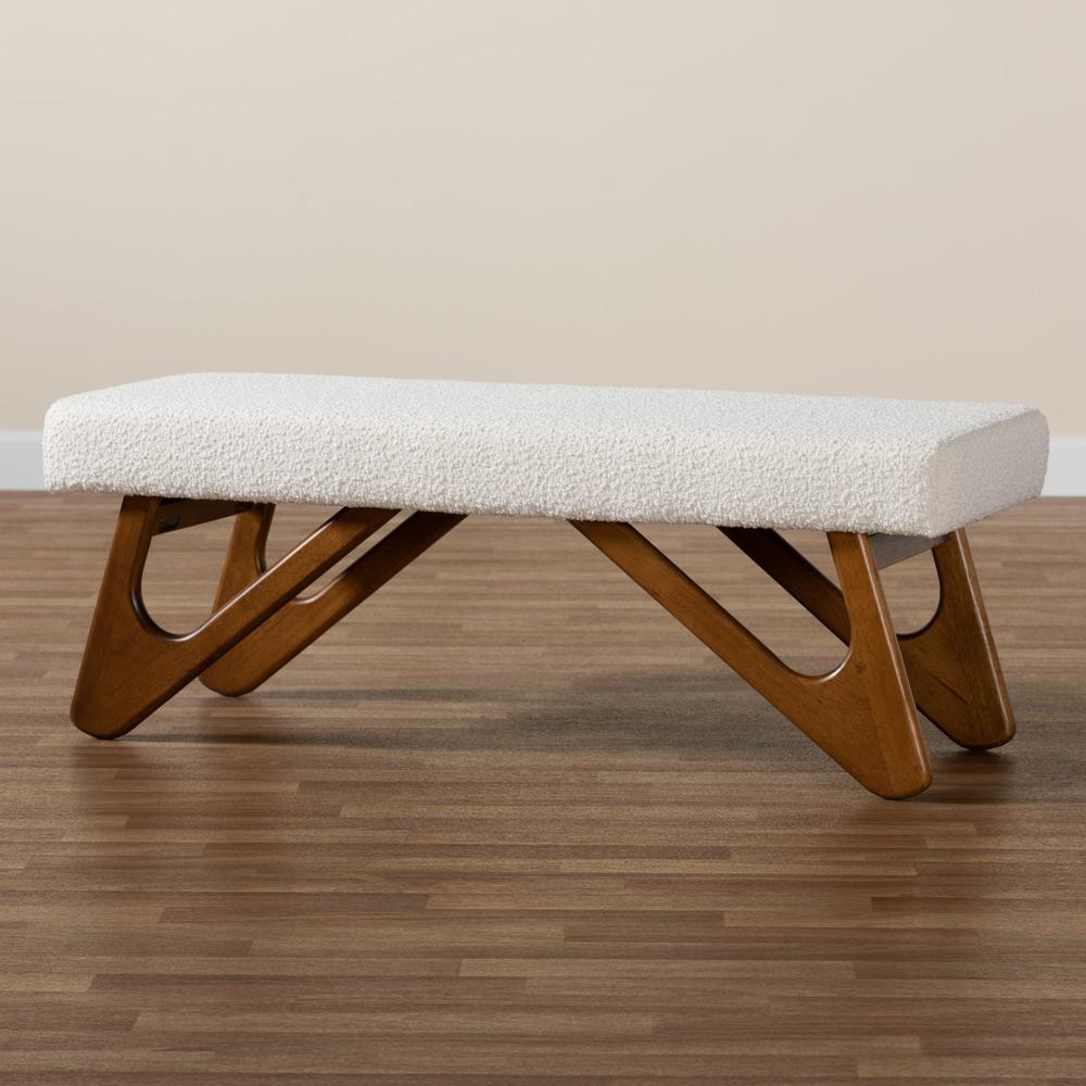 Rika Japandi Cream Boucle Fabric and Walnut Brown Finished Wood Bench. Picture 15