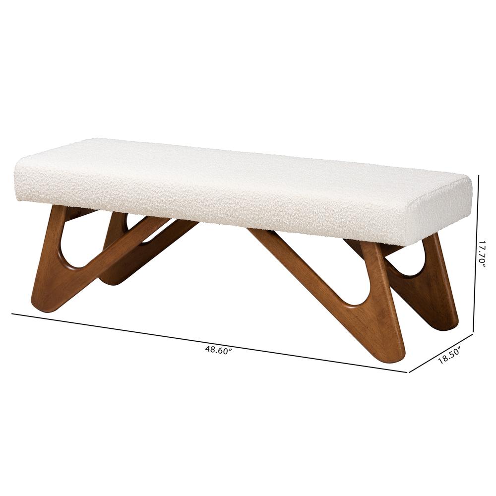 Rika Japandi Cream Boucle Fabric and Walnut Brown Finished Wood Bench. Picture 16