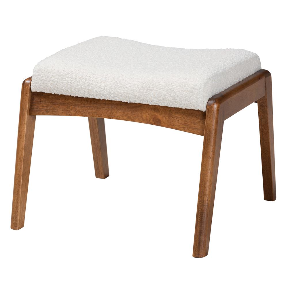 Off-White Boucle Upholstered and Walnut Brown Finished Wood Ottoman Footstool. Picture 9