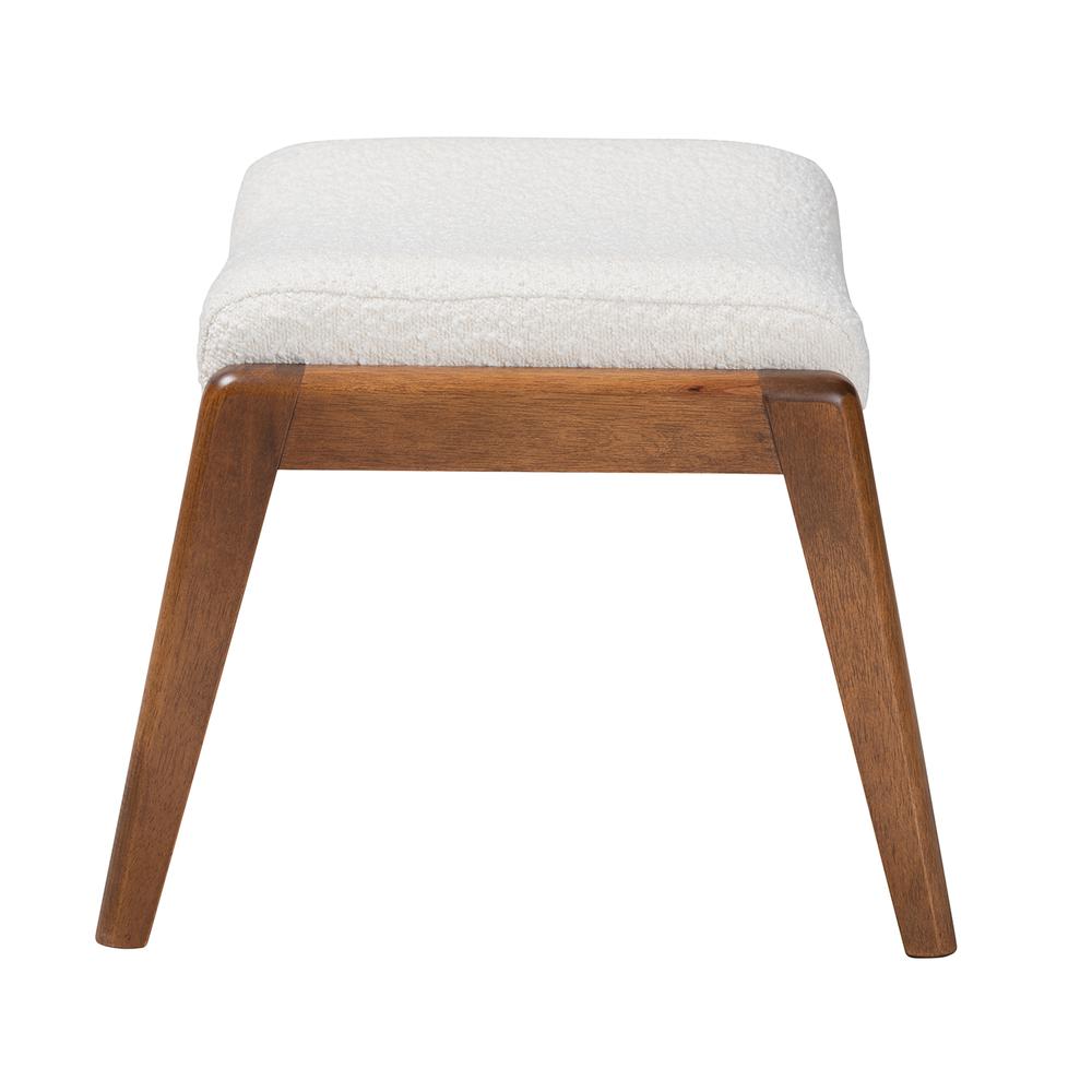Off-White Boucle Upholstered and Walnut Brown Finished Wood Ottoman Footstool. Picture 11