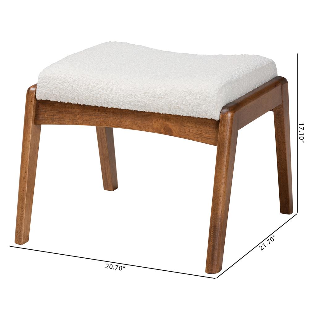 Off-White Boucle Upholstered and Walnut Brown Finished Wood Ottoman Footstool. Picture 16