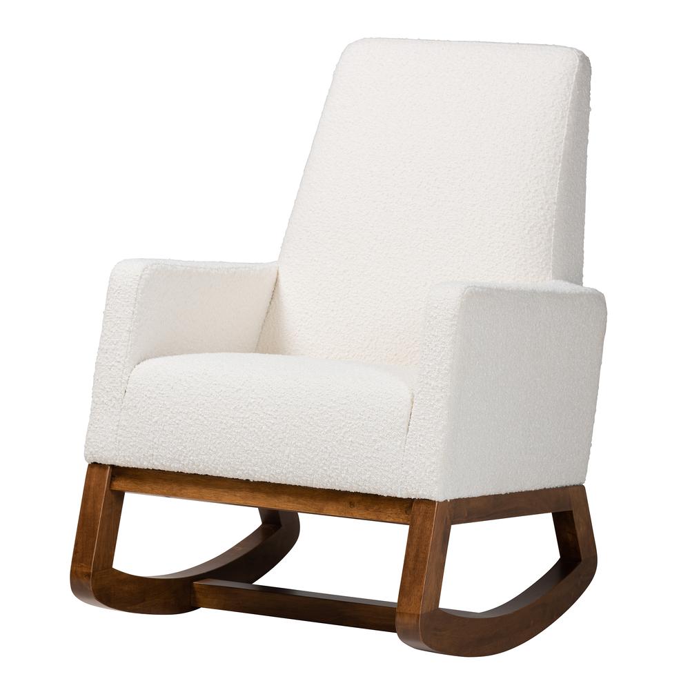 Off-White Boucle Upholstered and Walnut Brown Finished Wood Rocking Chair. Picture 11