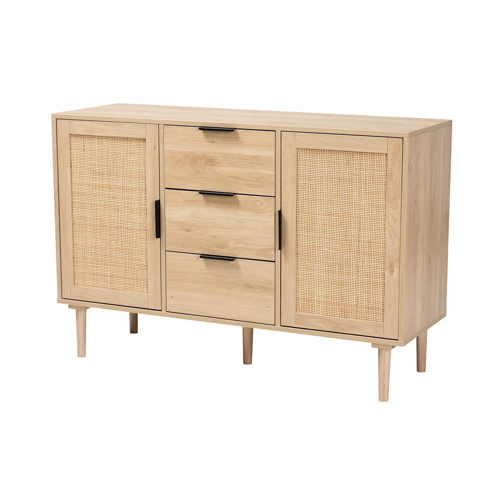 Natural Brown Finished Wood and Natural Rattan 3-Drawer Sideboard. Picture 11