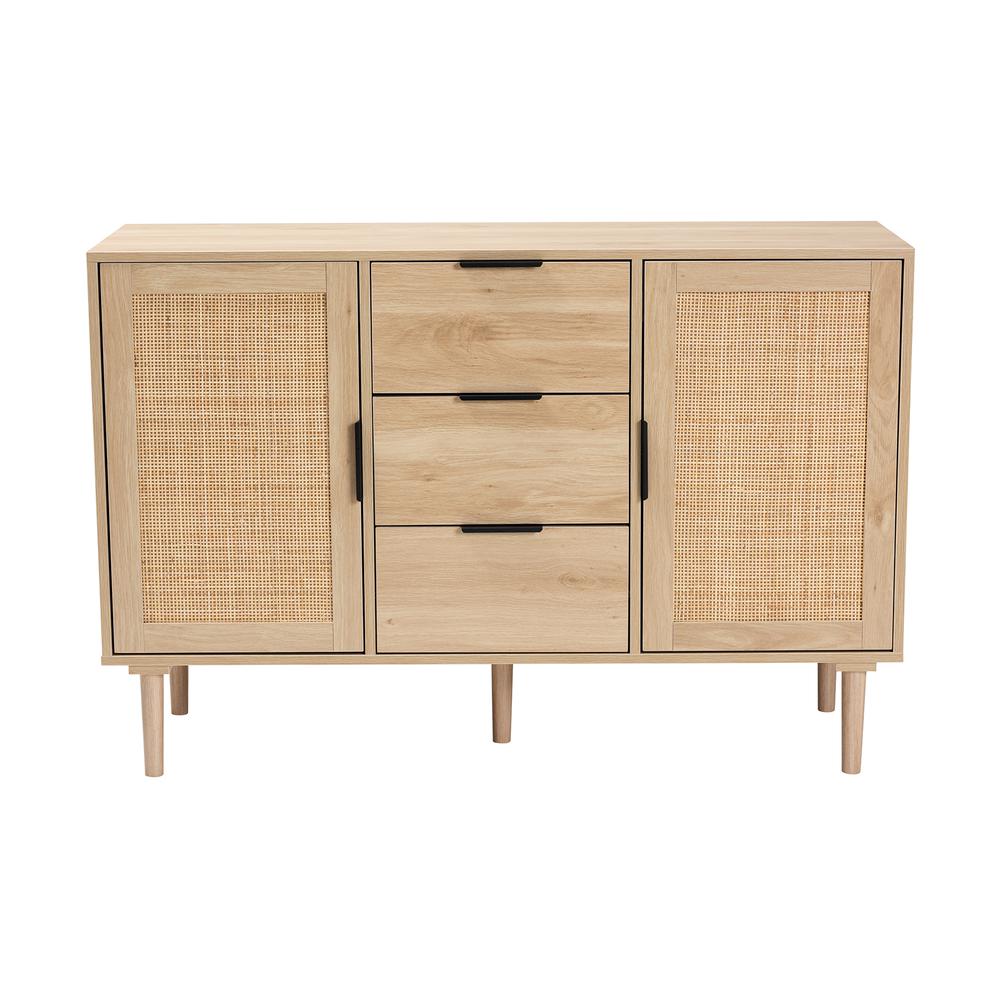 Natural Brown Finished Wood and Natural Rattan 3-Drawer Sideboard. Picture 13