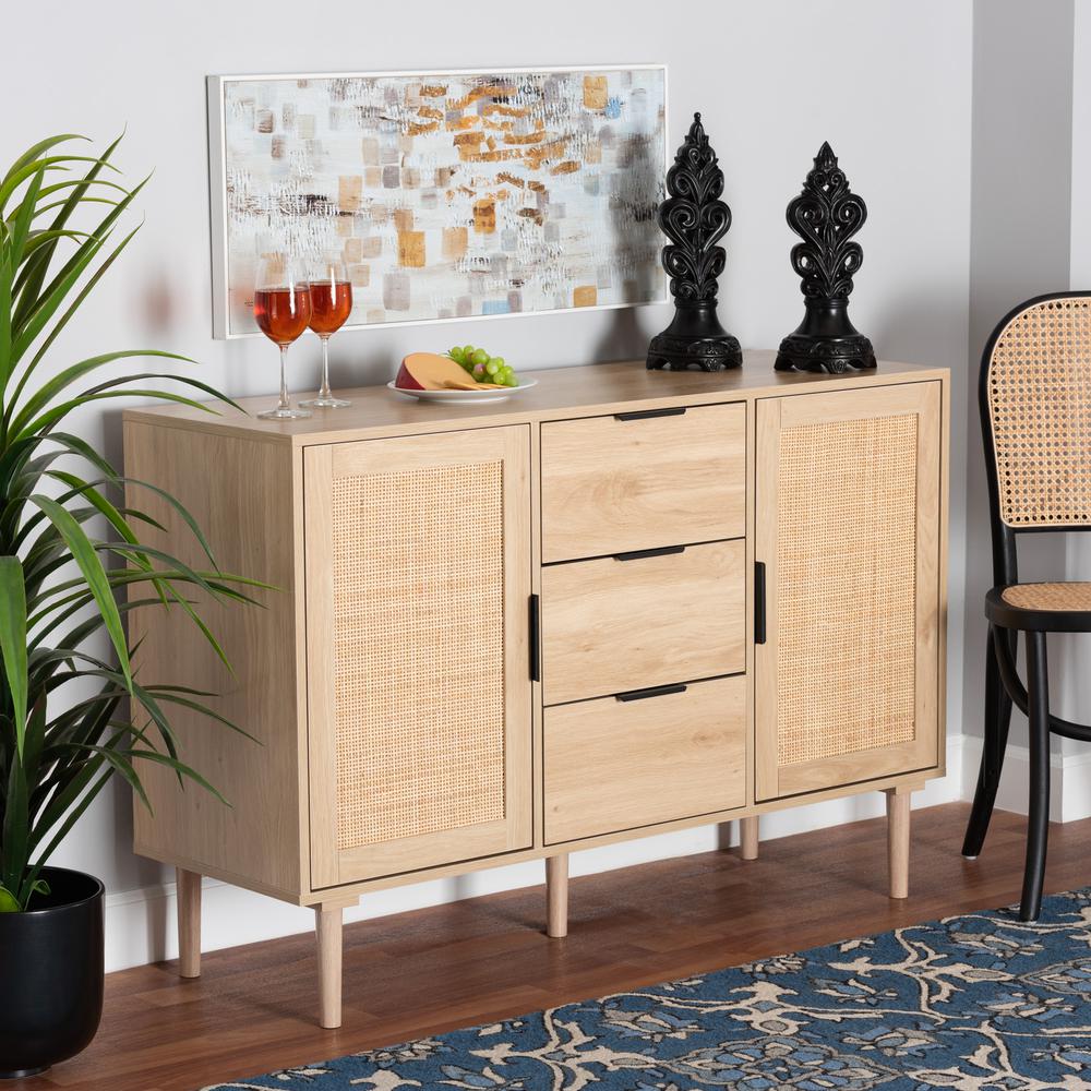 Natural Brown Finished Wood and Natural Rattan 3-Drawer Sideboard. Picture 18