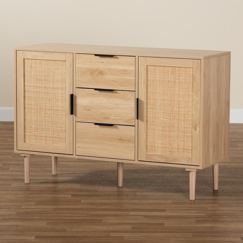 Natural Brown Finished Wood and Natural Rattan 3-Drawer Sideboard. Picture 19