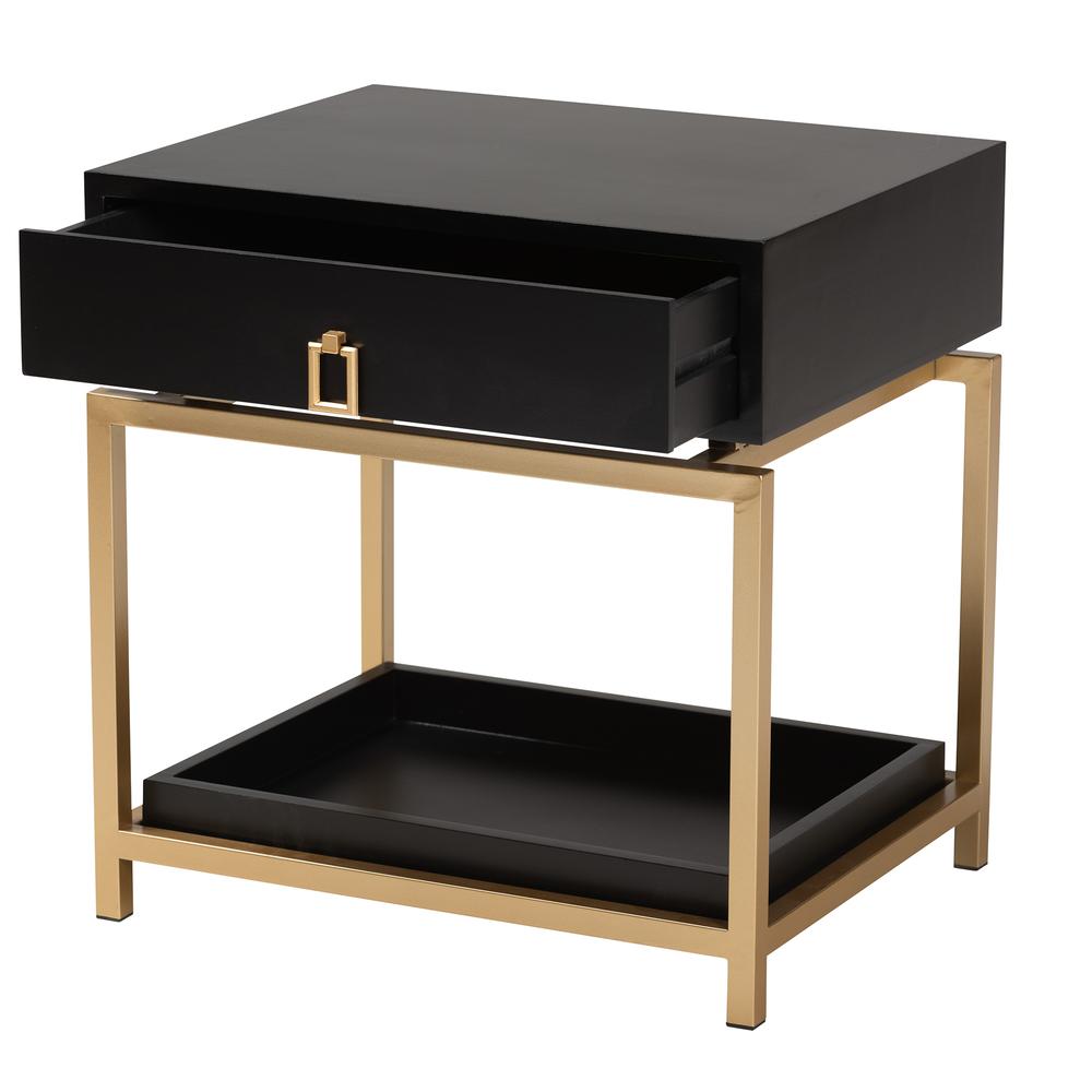 Glam and Luxe Black Finished Wood and Gold Metal 1-Drawer End Table. Picture 12