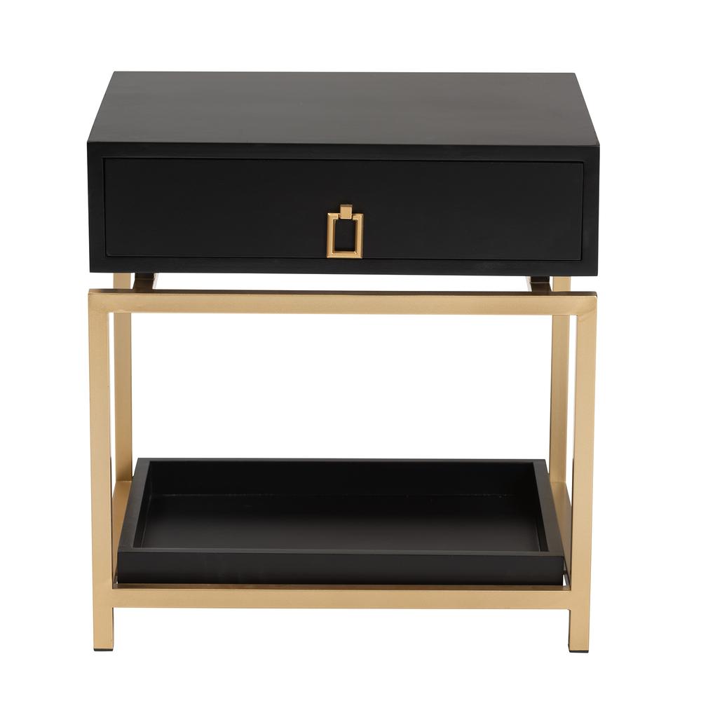 Glam and Luxe Black Finished Wood and Gold Metal 1-Drawer End Table. Picture 13