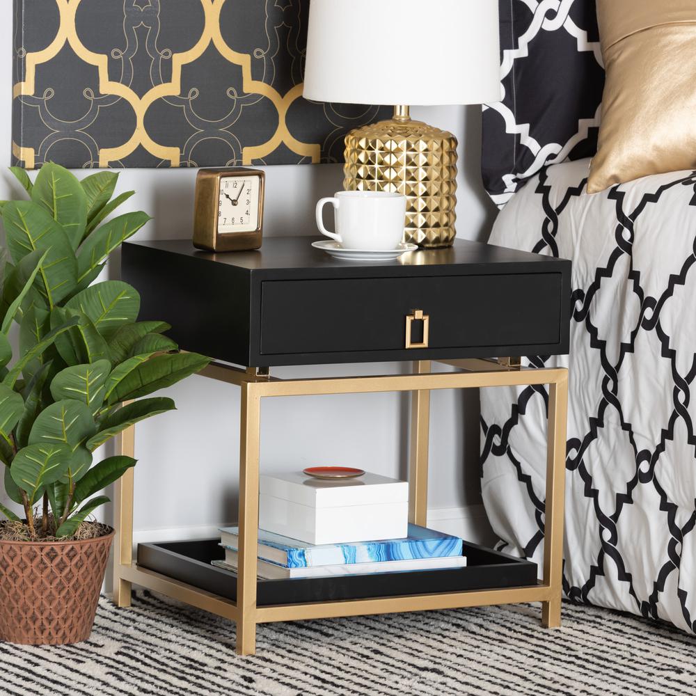 Glam and Luxe Black Finished Wood and Gold Metal 1-Drawer End Table. Picture 18