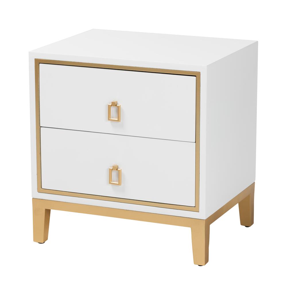 Glam and Luxe White Finished Wood and Gold Metal 2-Drawer End Table. Picture 11