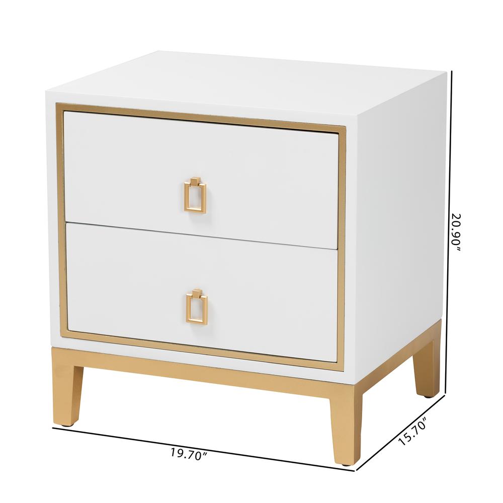 Glam and Luxe White Finished Wood and Gold Metal 2-Drawer End Table. Picture 20