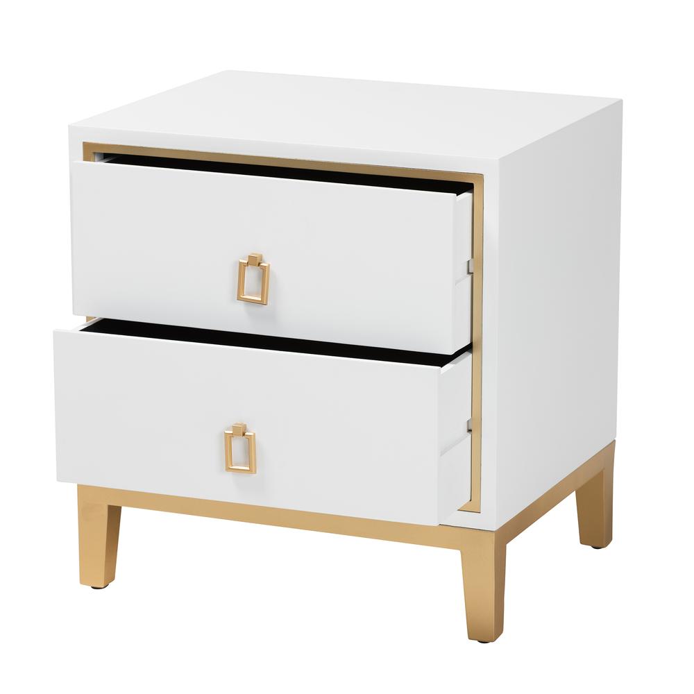 Glam and Luxe White Finished Wood and Gold Metal 2-Drawer End Table. Picture 12