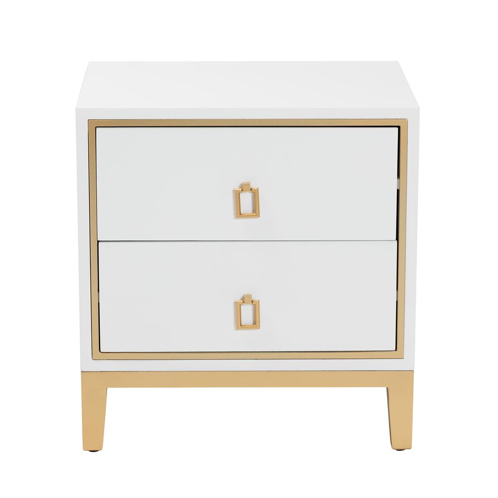 Glam and Luxe White Finished Wood and Gold Metal 2-Drawer End Table. Picture 13