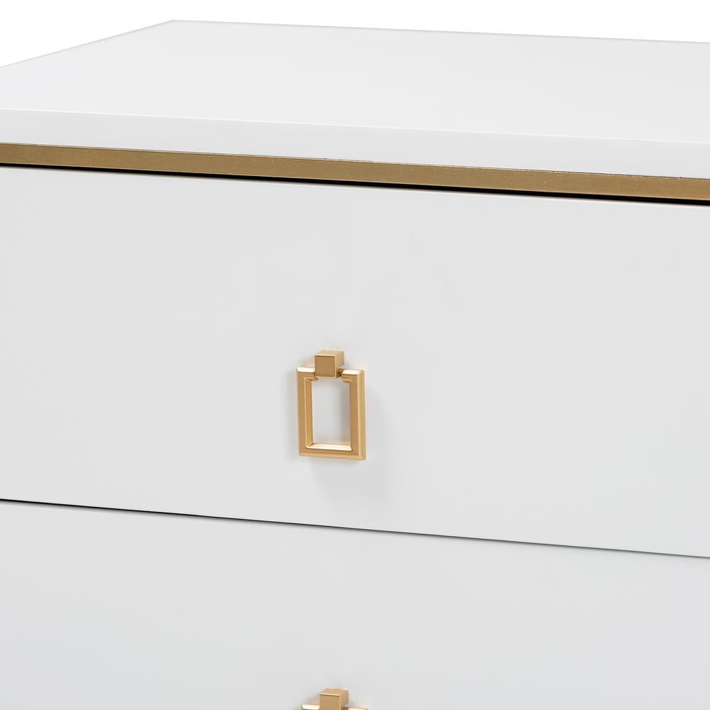 Glam and Luxe White Finished Wood and Gold Metal 2-Drawer End Table. Picture 15