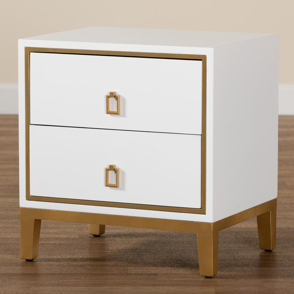 Glam and Luxe White Finished Wood and Gold Metal 2-Drawer End Table. Picture 19