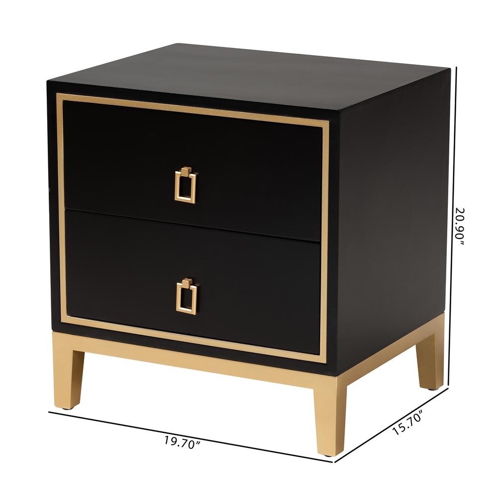 Glam and Luxe Black Finished Wood and Gold Metal 2-Drawer End Table. Picture 20