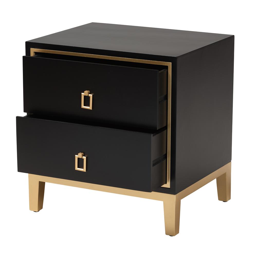 Glam and Luxe Black Finished Wood and Gold Metal 2-Drawer End Table. Picture 12