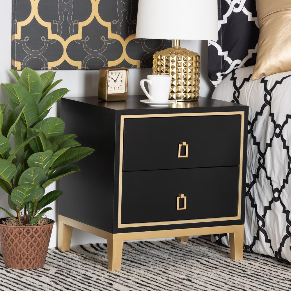 Glam and Luxe Black Finished Wood and Gold Metal 2-Drawer End Table. Picture 18