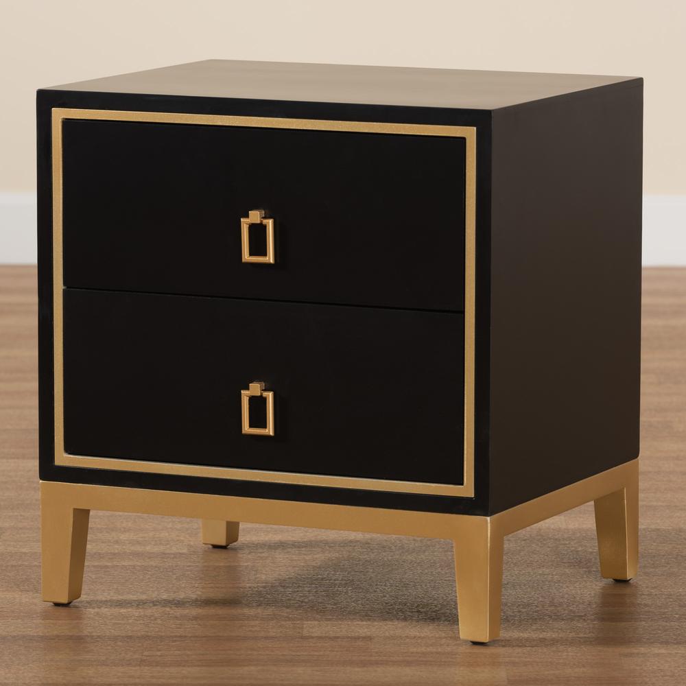 Glam and Luxe Black Finished Wood and Gold Metal 2-Drawer End Table. Picture 19